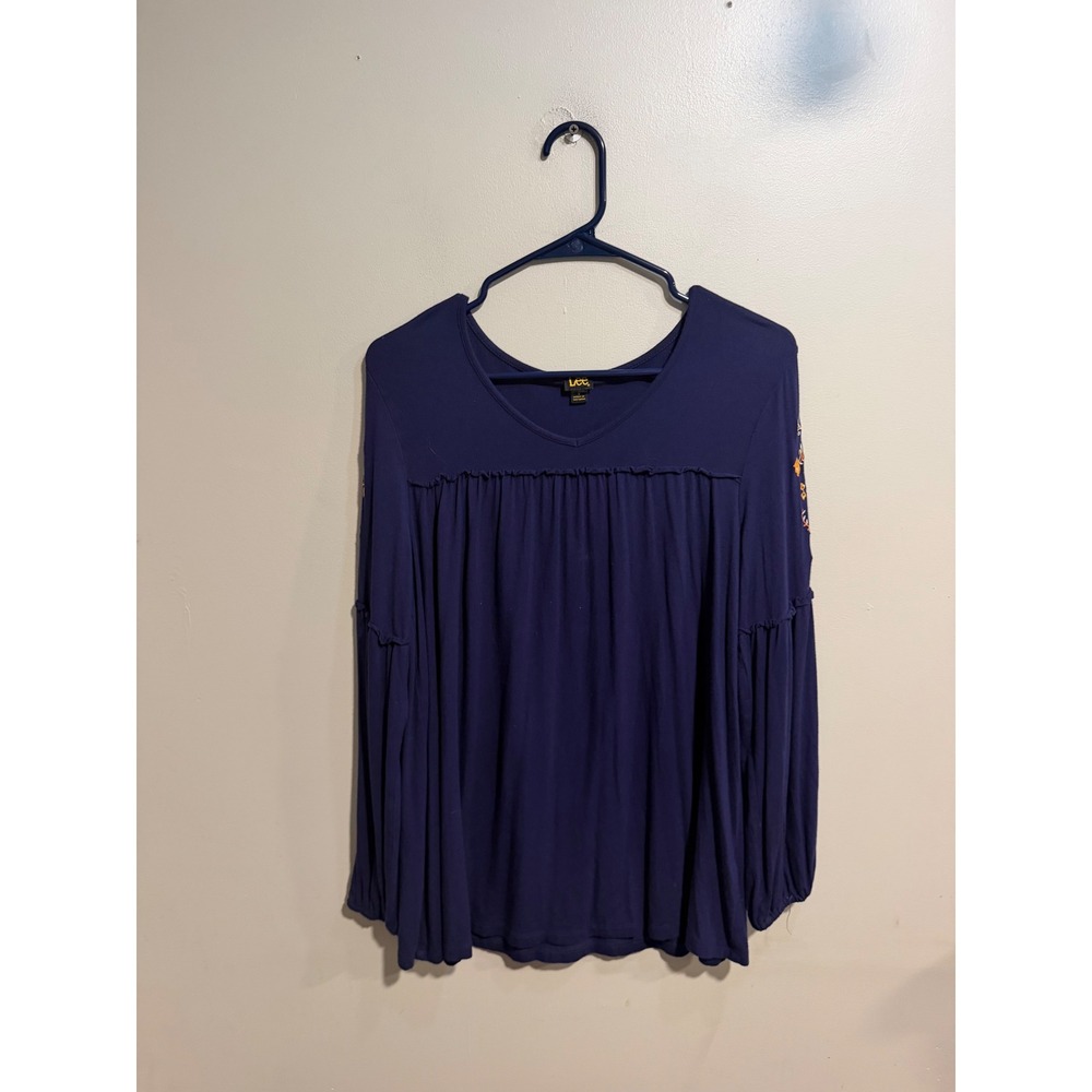 Lee Womens Navy Blue Embroidered Long Sleeve Boho V-Neck Blouse Small